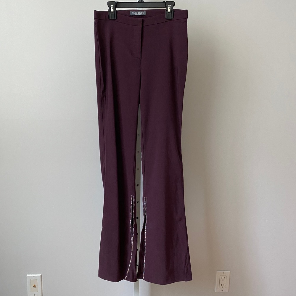 VTG Bisou Bisou Y2K MobWife Office Siren Rhinestone Slit Hem Pants 8 Plum